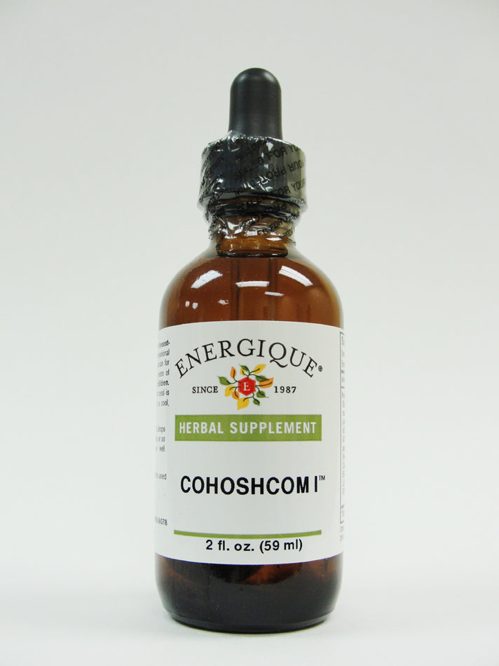 An amber glass dropper bottle of Energique CohoshCom I, 2 oz, herbal supplement with a white label and black dropper cap, photographed on a light gray background.