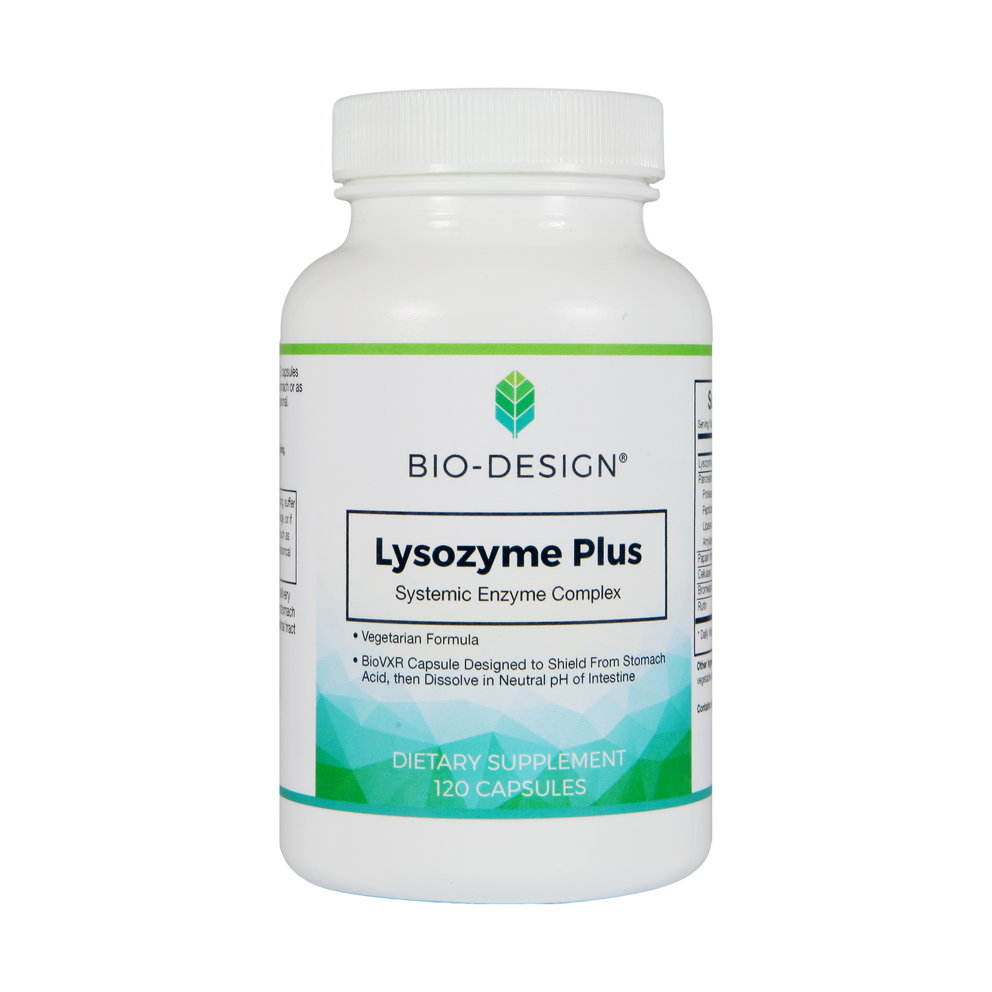 Bio?Design LysoZyme Plus systemic enzyme supplement supporting immune defense and bacterial balance, 120?capsule bottle.