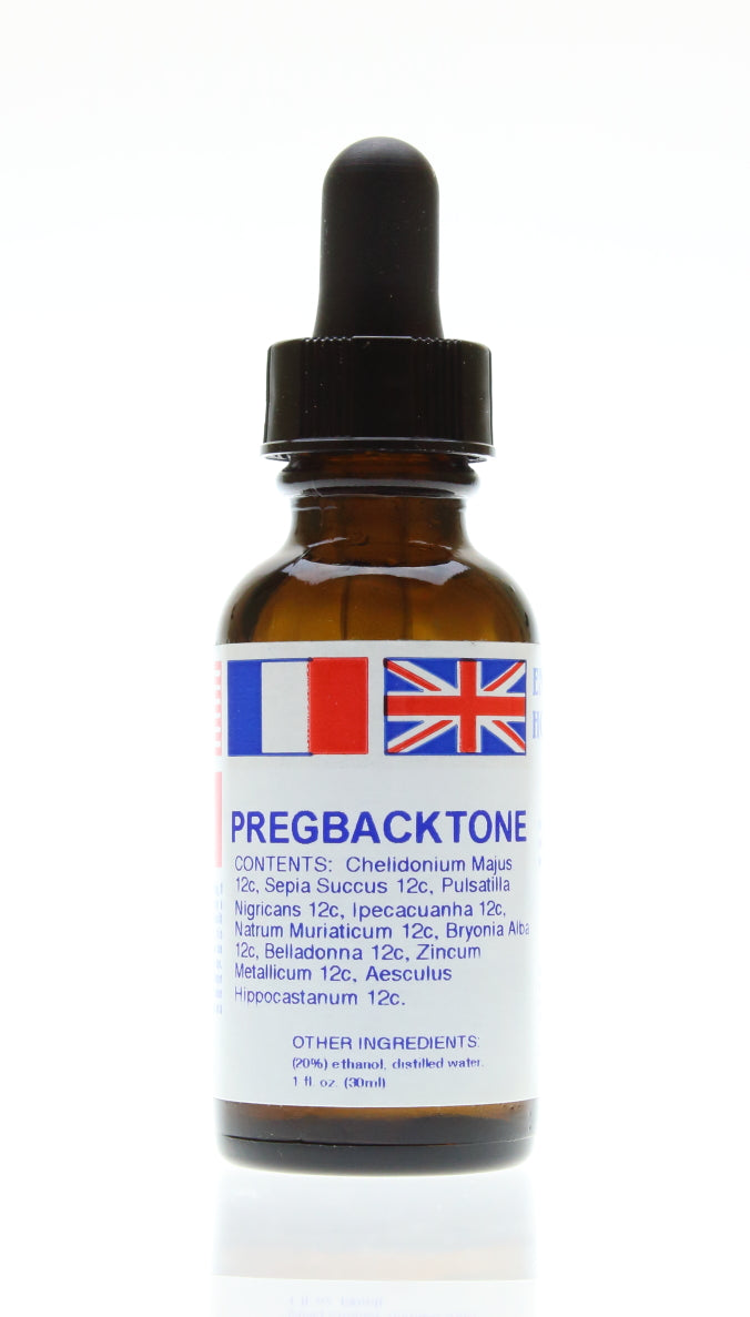 A 1 fl oz amber glass dropper bottle of Energique's PregBackTone homeopathic with a black dropper cap and a white label featuring the French and British flags.