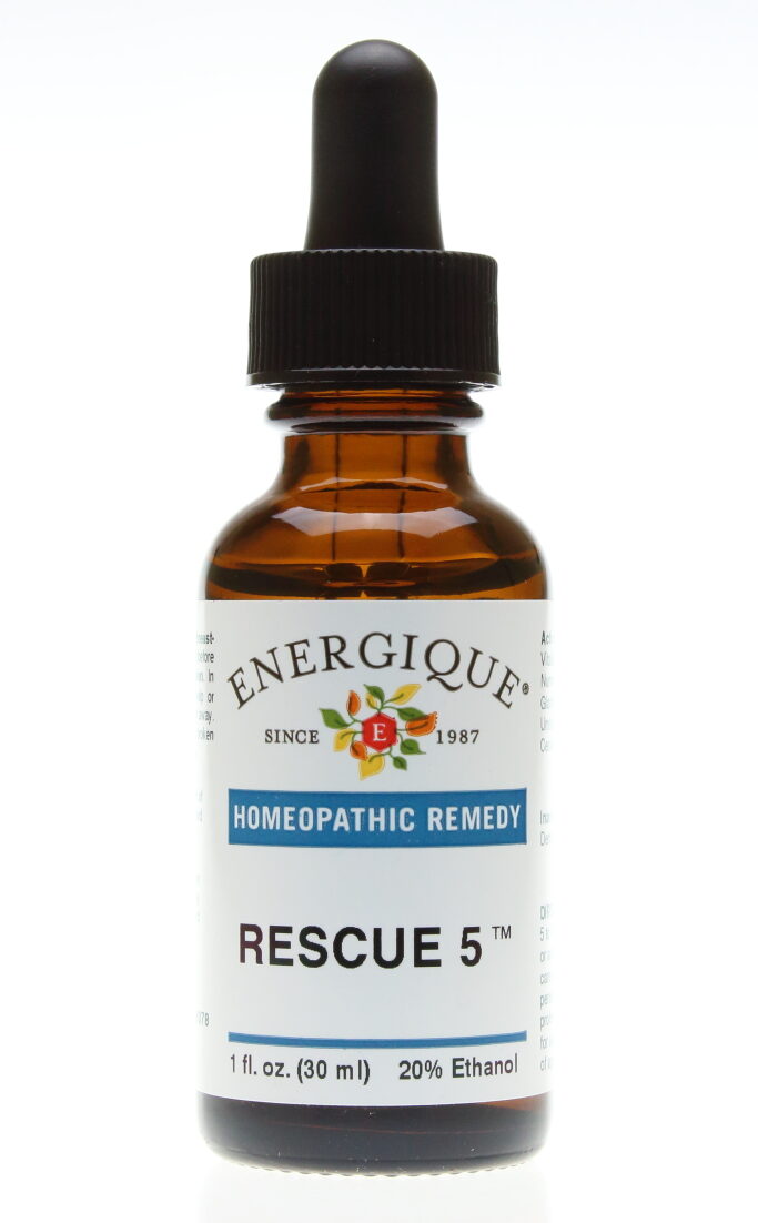 Energique Rescue 5™ flower essence blend supporting emotional balance and stress relief, 1 fl oz dropper bottle.
