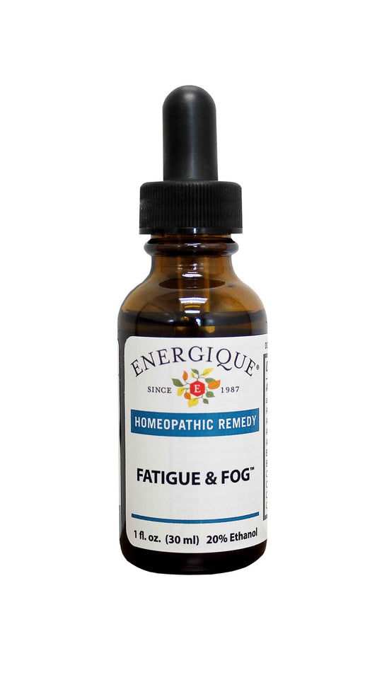 A 1 oz amber glass dropper bottle of Energique's Homeopathic Remedy 'Fatigue & Fog' on a plain white background.