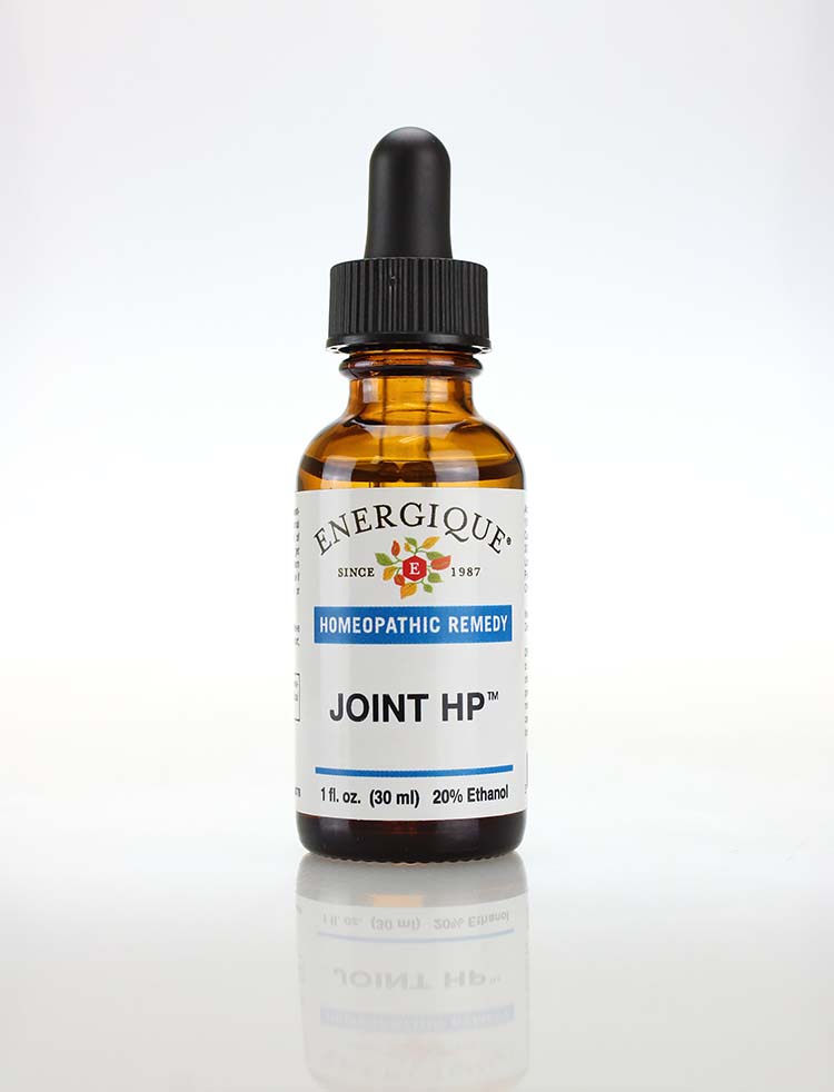 An amber glass dropper bottle of Energique Joint HP homeopathic remedy, 1 oz, on a reflective white surface against a white background.
