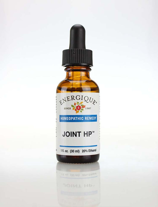 An amber glass dropper bottle of Energique Joint HP homeopathic remedy, 1 oz, on a reflective white surface against a white background.