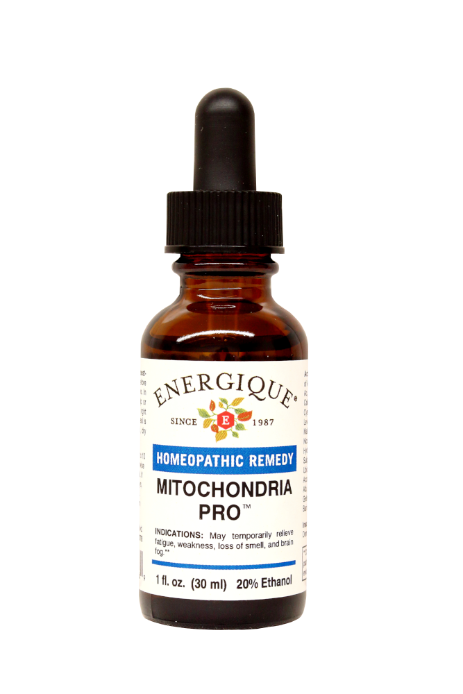Bottle of Energique Mitochondria Pro 1 fl oz homeopathic remedy on a white background.