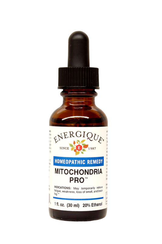 Bottle of Energique Mitochondria Pro 1 fl oz homeopathic remedy on a white background.