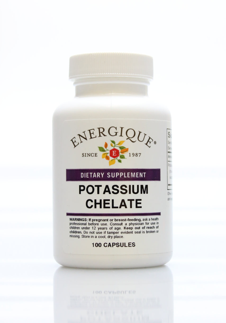 A bottle of Potassium Chelate from Energique, 100 capsule bottle.