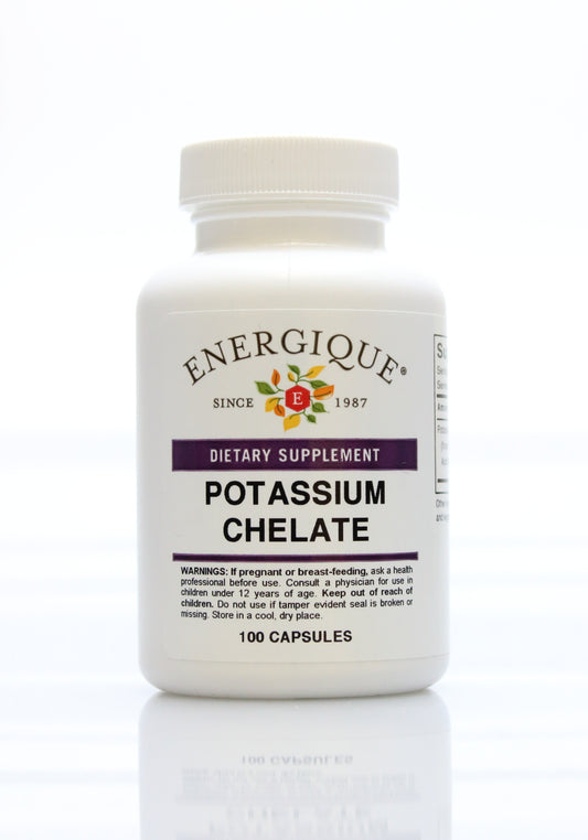 A bottle of Potassium Chelate from Energique, 100 capsule bottle.