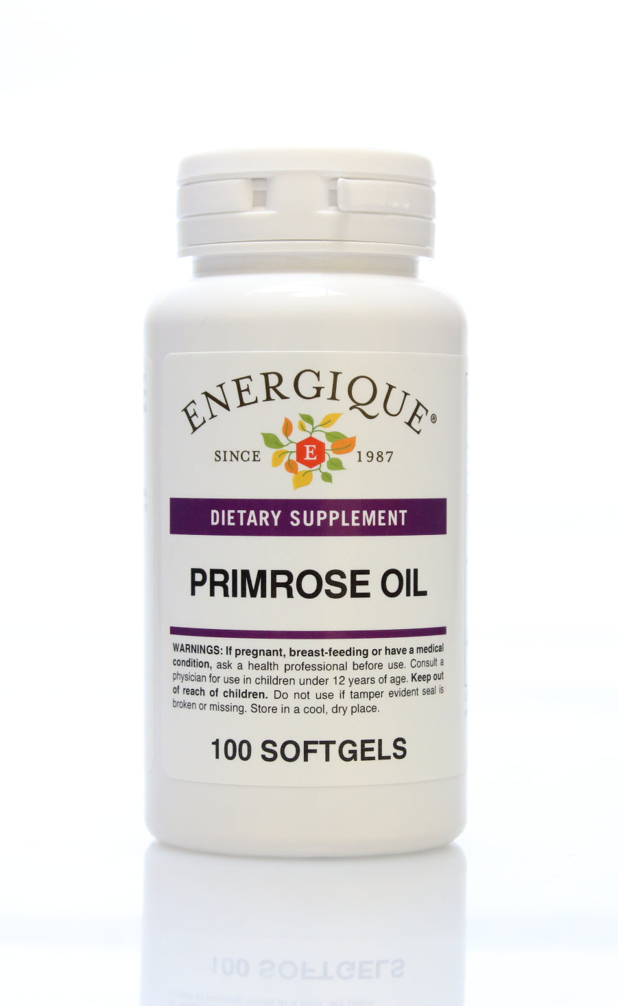A white plastic bottle of Enerique Primrose Oil dietary supplement, containing 100 softgels, shown on a reflective white background.
