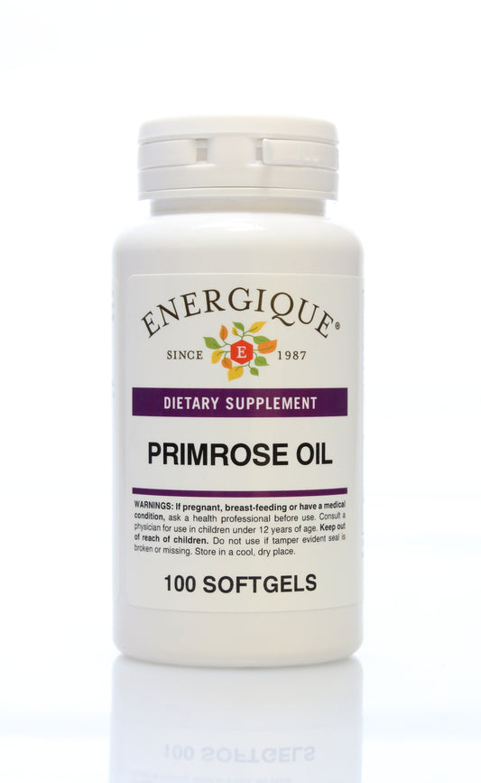 A white plastic bottle of Enerique Primrose Oil dietary supplement, containing 100 softgels, shown on a reflective white background.