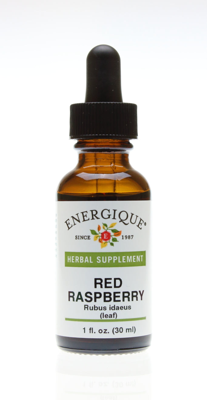 Amber dropper bottle of Energique's Red Raspberry (leaf) liquid herbal, 1 oz.