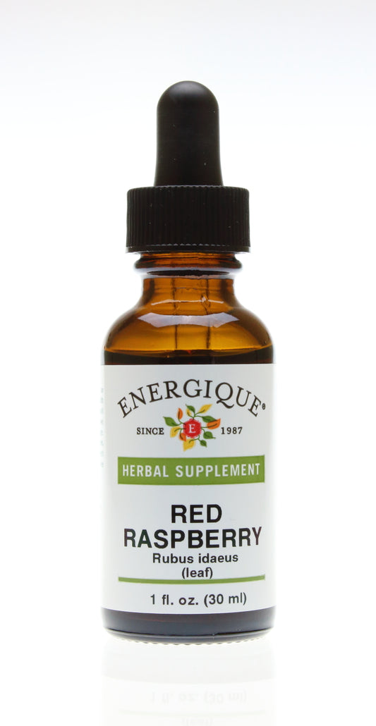 Amber dropper bottle of Energique's Red Raspberry (leaf) liquid herbal, 1 oz.